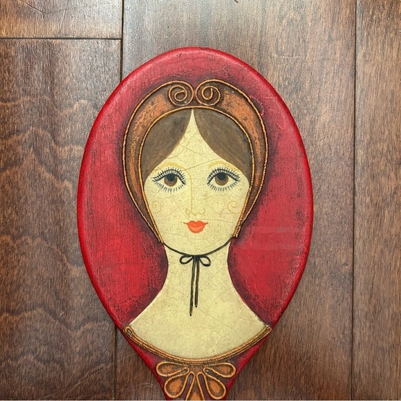 Rare Vintage 1960s Red Wooden Handmade Decorative Hand Mirror, Artist Signed - Picture 5 of 16